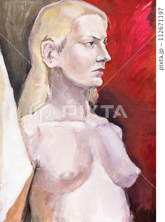 hand-painted portrait of nude model on red hand-painted portrait of nude model on red 112671197