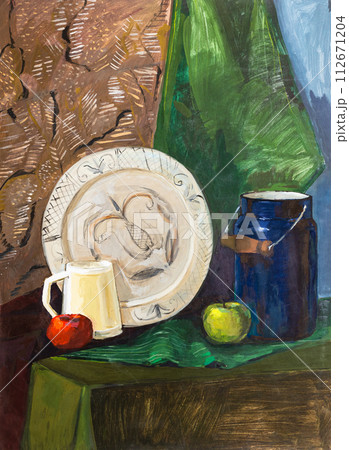 hand-drawn still life with plate and watering can hand-drawn still life with plate and watering can 112671204