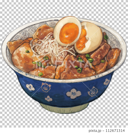 半熟卵とがっつり豚丼イラスト 112671314