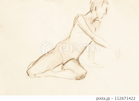 sketch of male model in front sitting on his knee 112671422