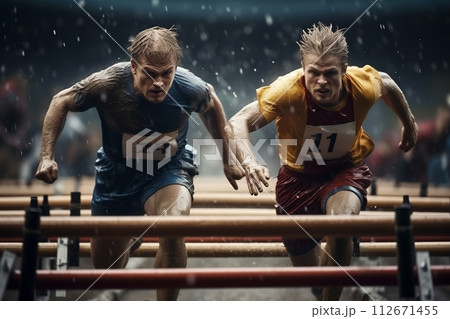 AI-generated content. Athletes hurdling in the rain 112671455