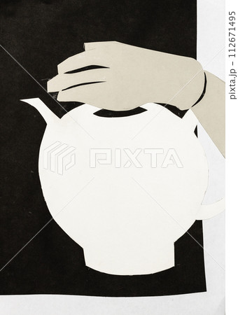 paper collage - gloved hand over teapot paper collage - gloved hand over teapot 112671495