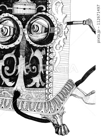 hand drawn ormament of retro telephone device 112671497