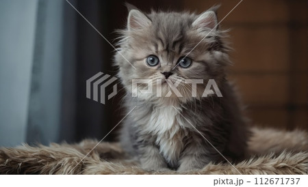 Happy sleepy tabby fluffy Persian kitten. The kitten looks at the camera. 112671737