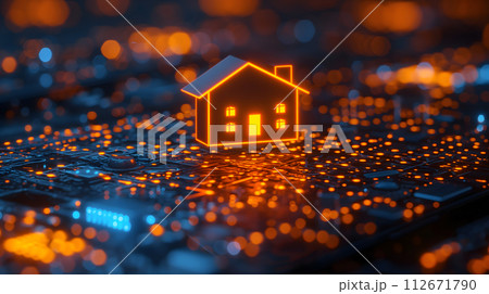 AI-generated content. House hologram in futuristic digital background 112671790