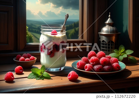 Sweet cooked homemade yogurt with fresh raspberries in a glass 112672220