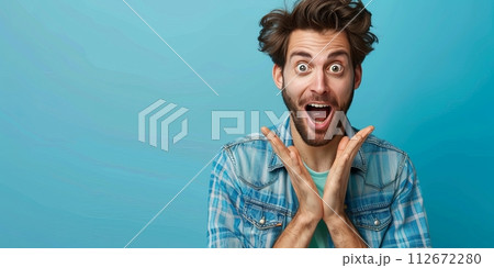 Surprised young man posing in plaid shirt against blue background 112672280