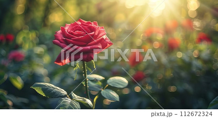 Beautiful red rose flower in the garden with sun light background. Beautiful red rose flower in the garden with sun light background. 112672324