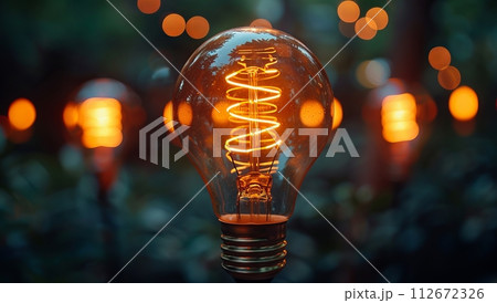 A glowing light bulb illuminates a dark bokeh background symbolizing ideas and innovation A glowing light bulb illuminates a dark bokeh background symbolizing ideas and innovation 112672326