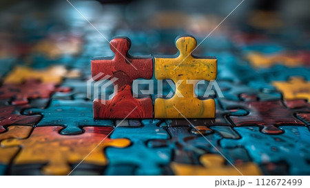 Colorful jigsaw puzzle pieces on wooden...のイラスト素材 [11267249…