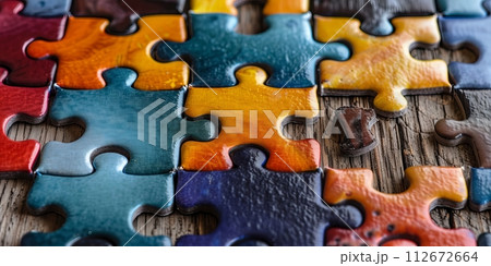 Colorful jigsaw puzzle pieces on old wooden table 112672664