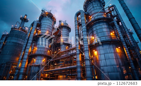 Twilight view of an oil refinery with a petrochemical plant under a blue sky 112672683