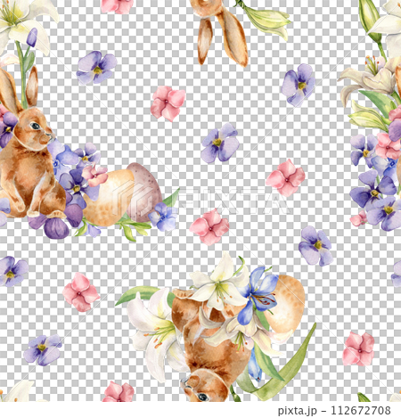 Easter rabbit, eggs and flowers seamless pattern isolated on white. Watercolor hare and blue, pink flowers hand drawn. Print of white lily hand painted. For design textile, package, wrapping paper 112672708