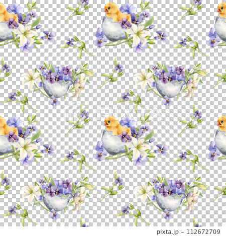 Chick in egg shell with flowers Easter seamless pattern isolated on white. Watercolor baby bird and blue spring plants hand drawn. For design Easter decoration, background, textile, package, paper 112672709