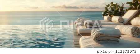 Sunbeds with towels by the pool with sea views. 112672973