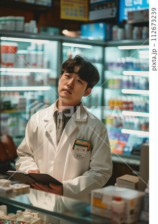 Asian male pharmacist checking documents in pharmacy. 112673239