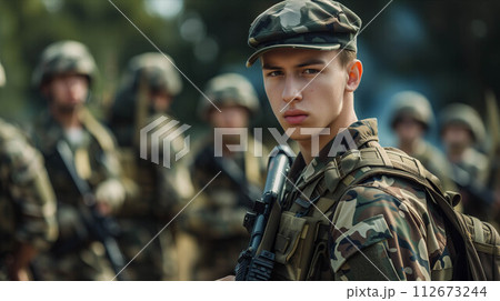 A Caucasian man in a camouflage military uniform is on a battlefield full of troops. 112673244