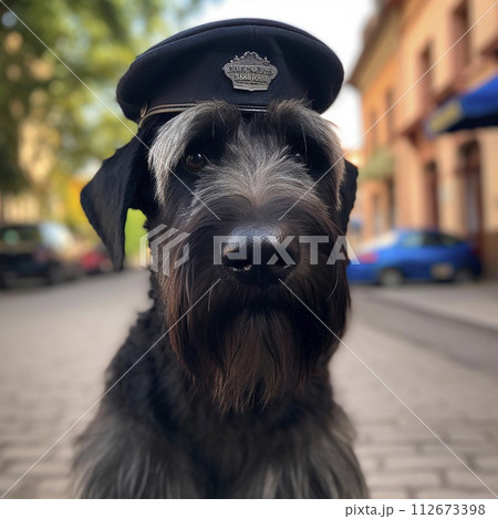 Giant Schnauzer, a large bearded black dog wearing a black police hat and cap. Police dog, portrait, close-up. Funny cute pet Giant Schnauzer, a large bearded black dog wearing a black police hat and cap. Police dog, portrait, close-up. Funny cute pet 112673398