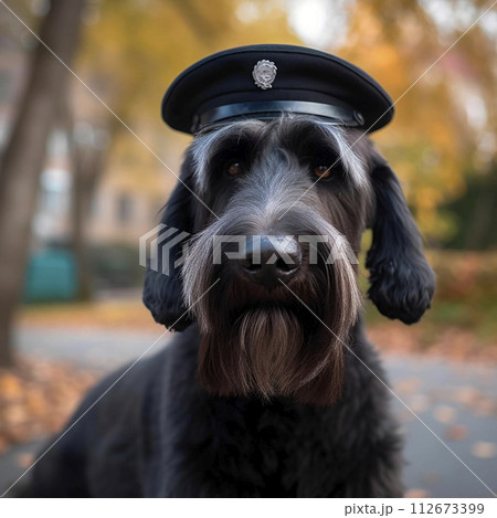 Giant Schnauzer, a large bearded black dog wearing a black police hat and cap. Police dog, portrait, close-up. Funny cute pet Giant Schnauzer, a large bearded black dog wearing a black police hat and cap. Police dog, portrait, close-up. Funny cute pet 112673399