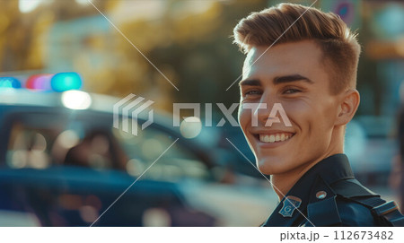 A Caucasian male police officer smiles with confidence while working the streets. 112673482