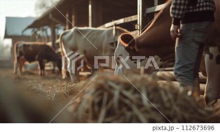 Caucasian man is working on a cattle farm. 112673696