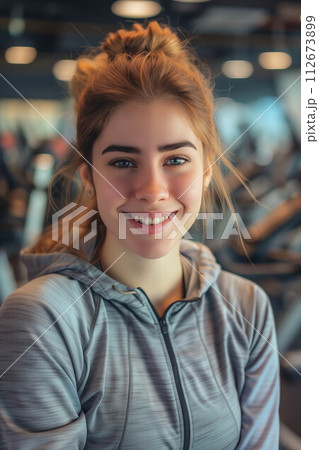 Caucasian woman in exercise clothes smiling confidently in the gym. 112673899