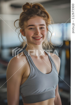 Caucasian woman in exercise clothes smiling confidently in the gym. 112673900