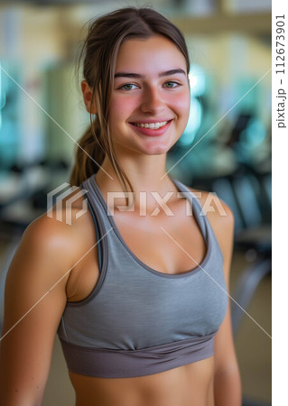 Caucasian woman in exercise clothes smiling confidently in the gym. 112673901