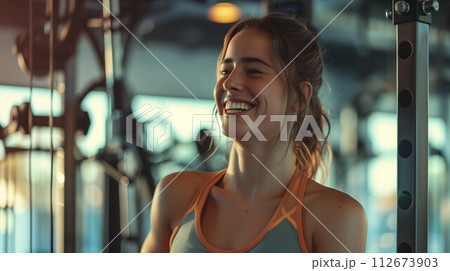 Caucasian woman in exercise clothes smiling confidently in the gym. 112673903
