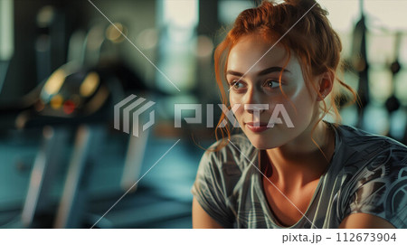 Caucasian woman in exercise clothes smiling confidently in the gym. 112673904