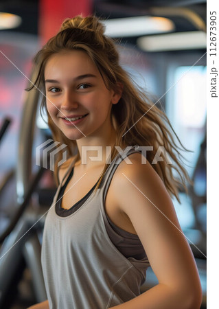 Caucasian woman in exercise clothes smiling confidently in the gym. 112673905
