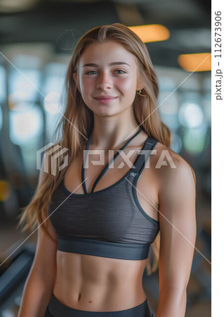 Caucasian woman in exercise clothes smiling confidently in the gym. 112673906