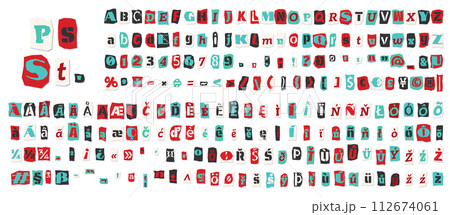 Ransom halftone collage style letters numbers and punctuation marks cut from newspapers and magazines. Vintage ABC collection. Red, black and white alphabet Typography vector illustration Ransom halftone collage style letters numbers and punctuation marks cut from newspapers and magazines. Vintage ABC collection. Red, black and white alphabet Typography vector illustration 112674061