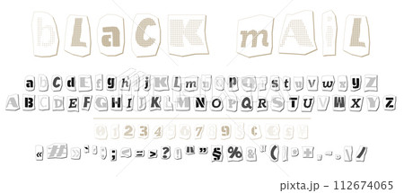 Ransom halftone collage style letters numbers and punctuation marks cut from newspapers and magazines. Vintage ABC collection. Black and white alphabet Typography vector illustration 112674065