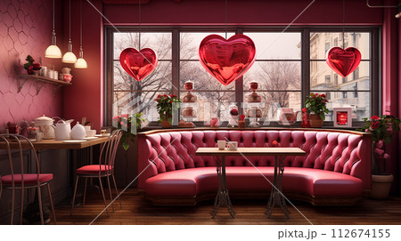 Interior design of a coffee shop decorated for valentines day. 112674155