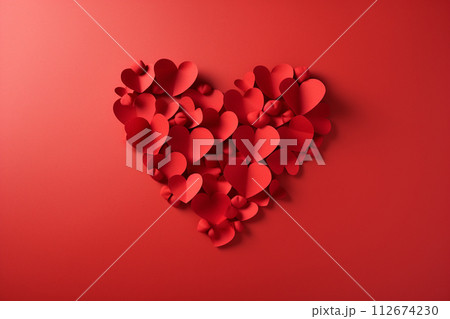 Paper art red hearts on red background top view. 112674230