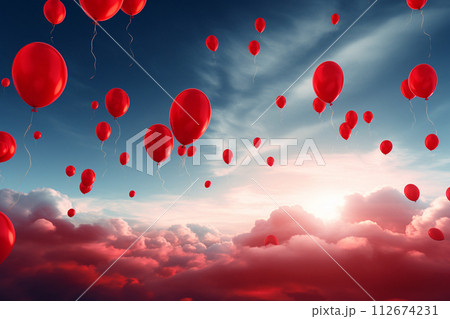 Red balloons flying in sky. Dreamy illustration 112674231