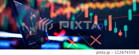 Stock market or forex trading graph and candlestick chart suitable for financial investment concept. Economy trends background for business idea . 112674359