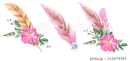 Watercolor feathers compositions with dog rose flowers and crystal isolated on white background. Hand drawn illustration. Watercolor feathers compositions with dog rose flowers and crystal isolated on white background. Hand drawn illustration. 112674361