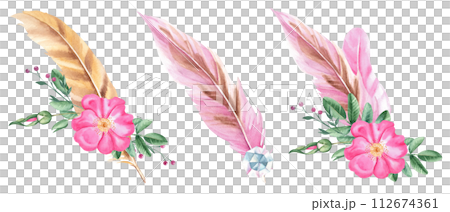 Watercolor feathers compositions with dog rose flowers and crystal isolated on white background. Hand drawn illustration. Watercolor feathers compositions with dog rose flowers and crystal isolated on white background. Hand drawn illustration. 112674361