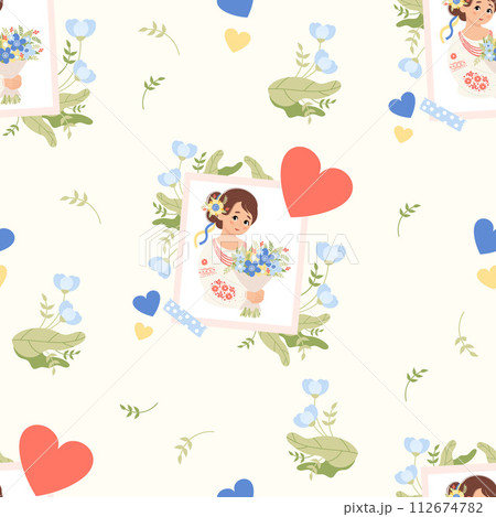 Seamless pattern with Ukrainian woman in traditional clothes embroidered shirt with bouquet flowers on white background with flowers. Vector illustration. Cultural national female character 112674782
