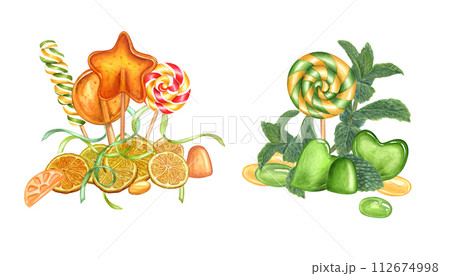 Orange flavored lollipops. Citrus, peppermint caramel, fruit jelly. Orange slice, mint branch. Bonbon with striped swirls, sugar sweet on stick. Green ribbon. Watercolor illustration isolated on white Orange flavored lollipops. Citrus, peppermint caramel, fruit jelly. Orange slice, mint branch. Bonbon with striped swirls, sugar sweet on stick. Green ribbon. Watercolor illustration isolated on white 112674998