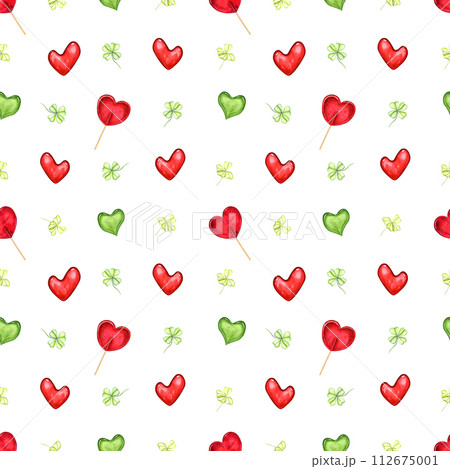 Red, green hearts and green leaves. Seamless pattern. Caramels in the shape of heart. Lollipop on stick. Sucker, sweets, wand. Clover leaf. Watercolor illustration isolated on white. Romantic ornate. Red, green hearts and green leaves. Seamless pattern. Caramels in the shape of heart. Lollipop on stick. Sucker, sweets, wand. Clover leaf. Watercolor illustration isolated on white. Romantic ornate. 112675001