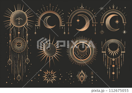 Golden mystery, witchcraft, occult, alchemy, mystical esoteric symbols. Golden mystery, witchcraft, occult, alchemy, mystical esoteric symbols. 112675055