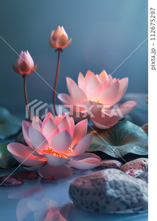 white lotos flower in pond, symbol of wesak day. 3d illustration white lotos flower in pond, symbol of wesak day. 3d illustration 112675297