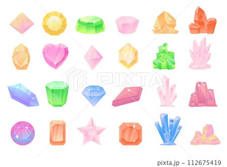 Crystals and gems. Natural stones. Shiny quartz. Geological minerals. Brilliant diamonds. Delicate pastel tones. Different cut types. Rock stalactites. Vector sparkling gemstones set 112675419