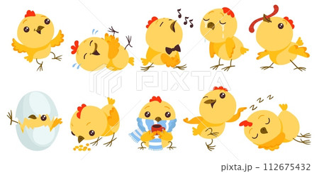 Cartoon baby chicken. Funny little birds. Easter character. Chick hatched from egg. Yellow mascot with different emotions. Sleeping or playing birdie. Domestic animal. Splendid vector set 112675432