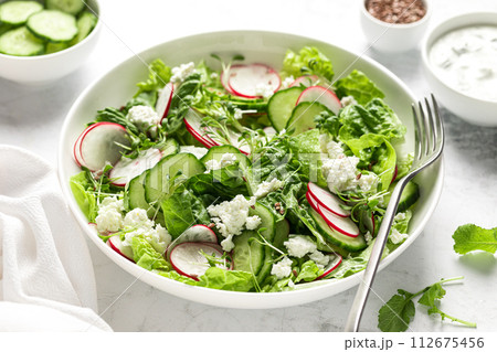 Radish and cucumber fresh green leafy vegetable salad with romaine lettuce, cottage cheese and yogurt Radish and cucumber fresh green leafy vegetable salad with romaine lettuce, cottage cheese and yogurt 112675456