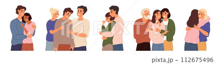 Friends comforting. People condoling. Depressed persons. Sad emotions. Couple hugging and soothing. Man showing empathy and compassion. Woman supporting boyfriend. Garish vector set Friends comforting. People condoling. Depressed persons. Sad emotions. Couple hugging and soothing. Man showing empathy and compassion. Woman supporting boyfriend. Garish vector set 112675496