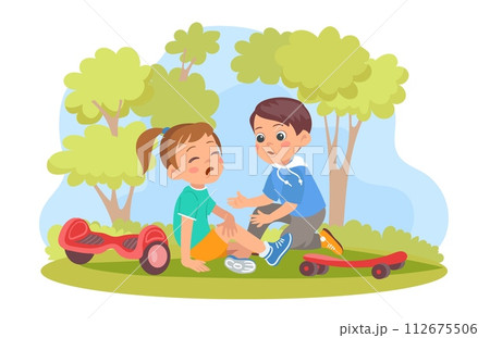 Friends supports. Boy helps crying girl up and calms her down. Gives hand. Childhood injuries. Kids active games. People ride skateboard or hoverboard in park. Splendid vector concept 112675506